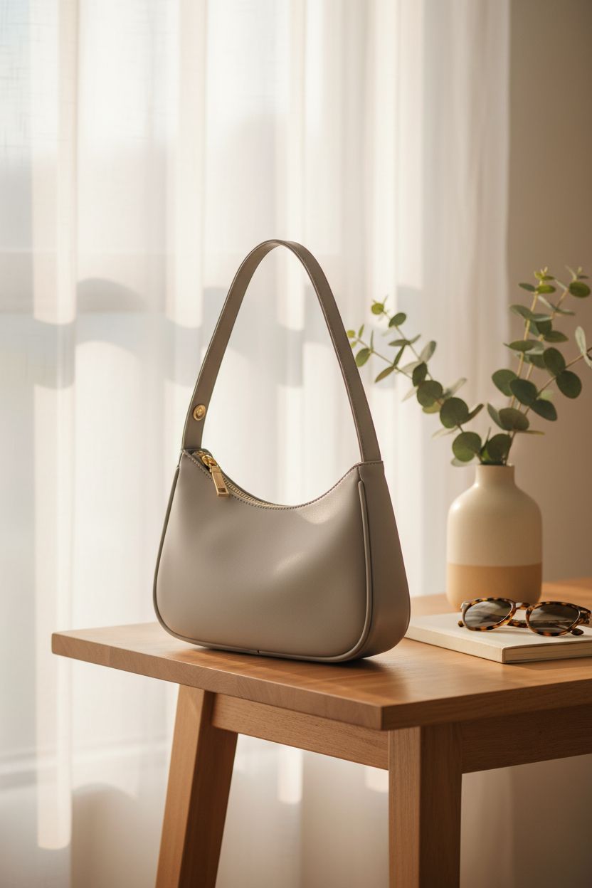 CYHTWSDJ grey hobo bag on oak console, surrounded by eucalyptus and notebook