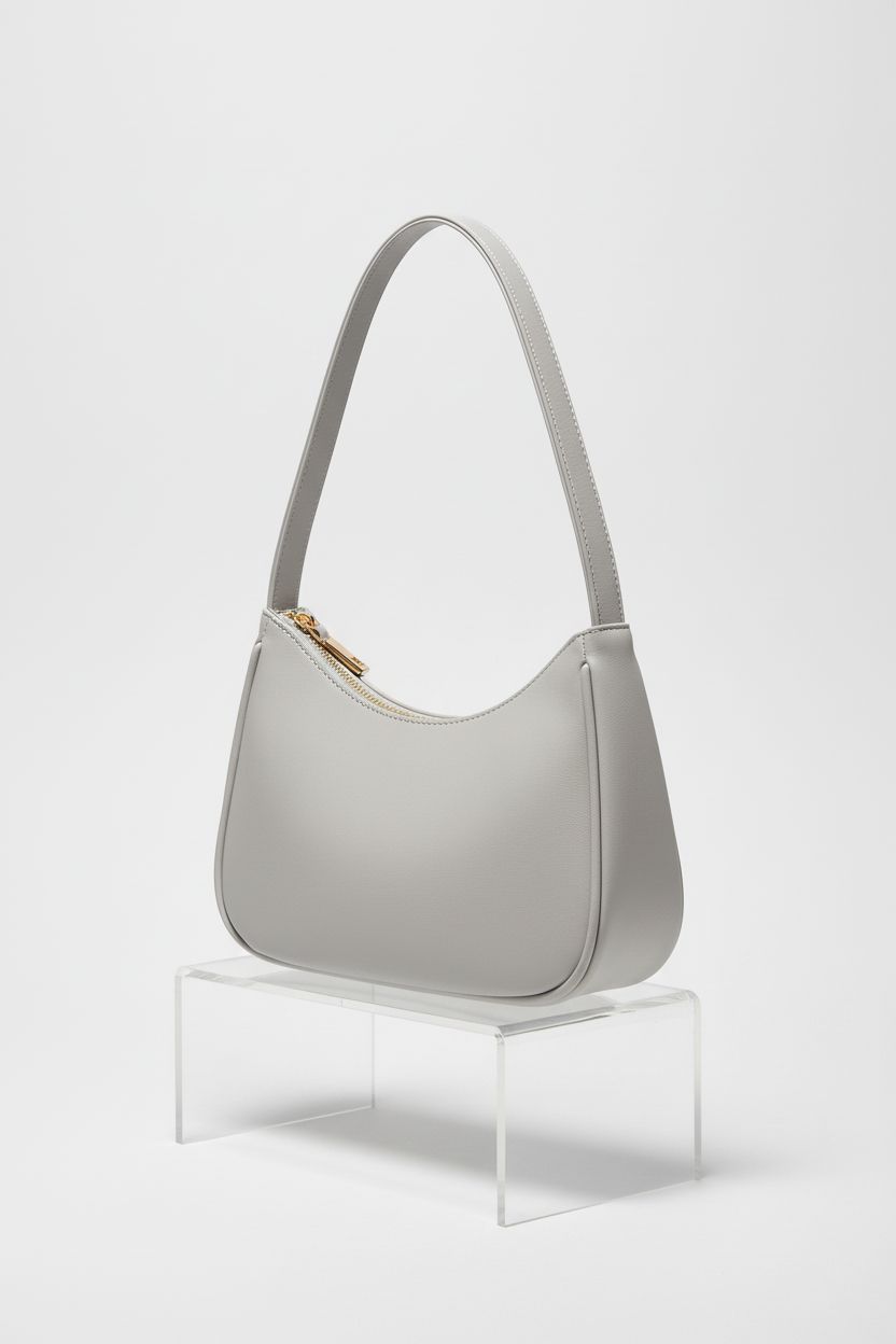 CYHTWSDJ grey handbag displayed on clear acrylic riser, showcasing zipper and design