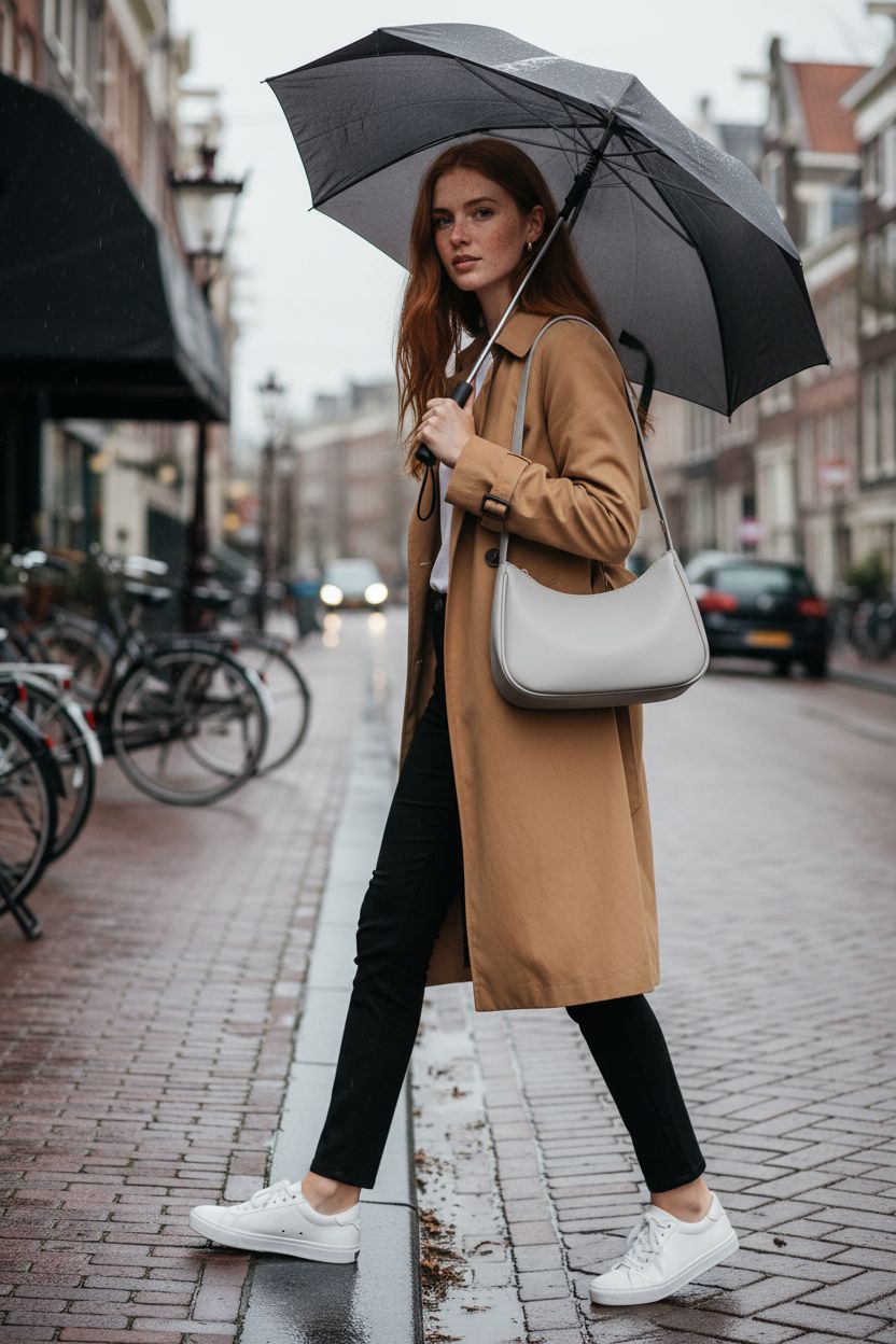 CYHTWSDJ grey bag tucked under arm, contrasting camel trench in rainy setting