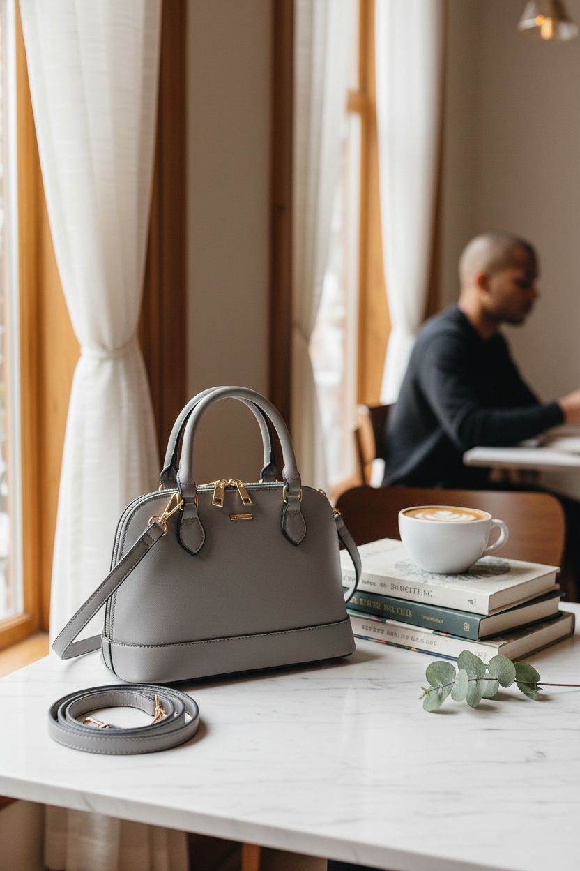 Grey dome bag by LOVEVOOK on a cafe table beside a cappuccino and books, cozy atmosphere