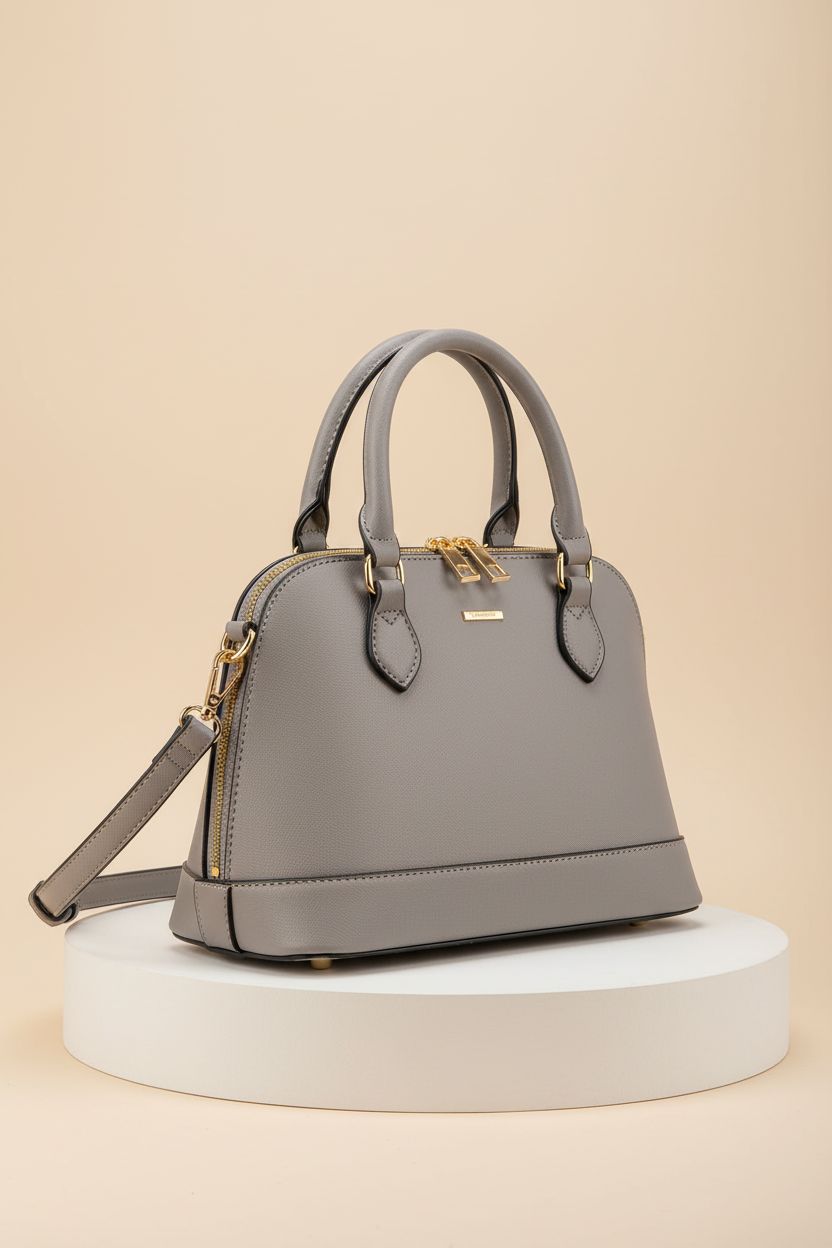 LOVEVOOK grey dome bag displayed on a pedestal, emphasizing its pristine design and features