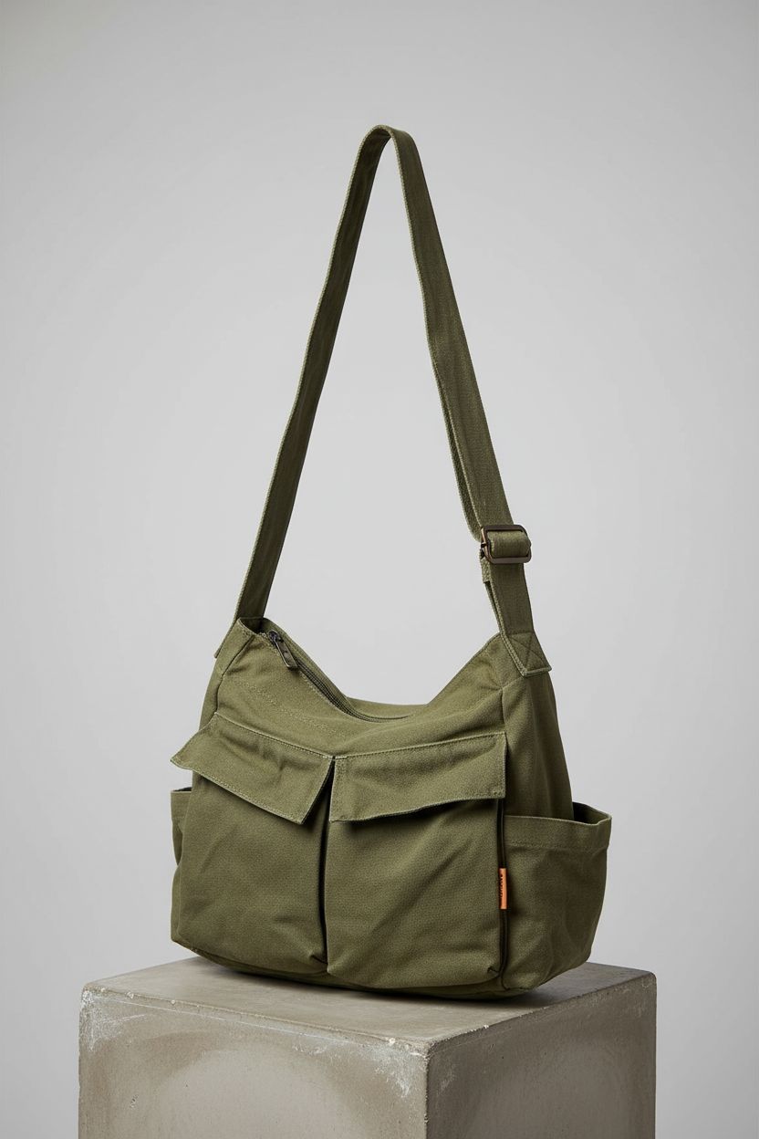 Close-up of olive canvas messenger bag on a concrete plinth, detailing its design features and quality by yaucher.