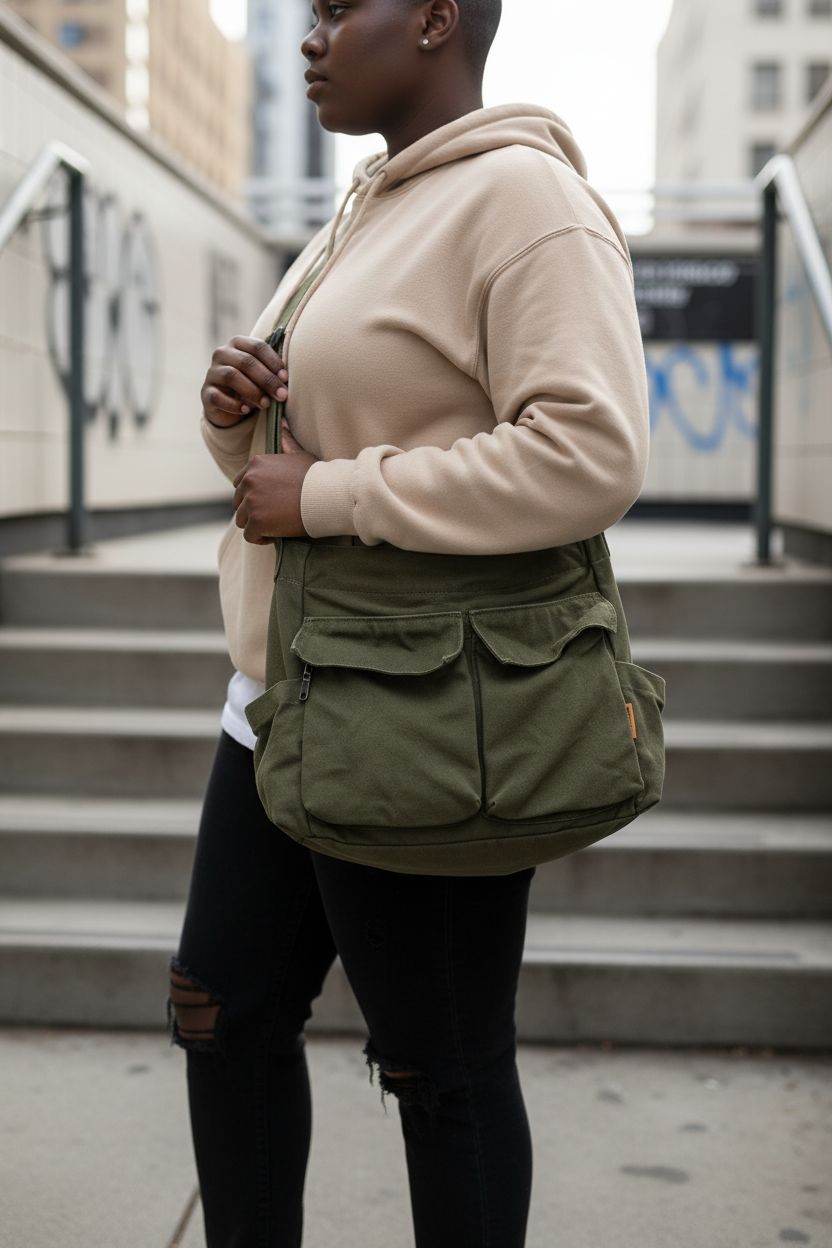 Olive canvas messenger bag resting on concrete steps, showcasing its grunge style and texture by yaucher.