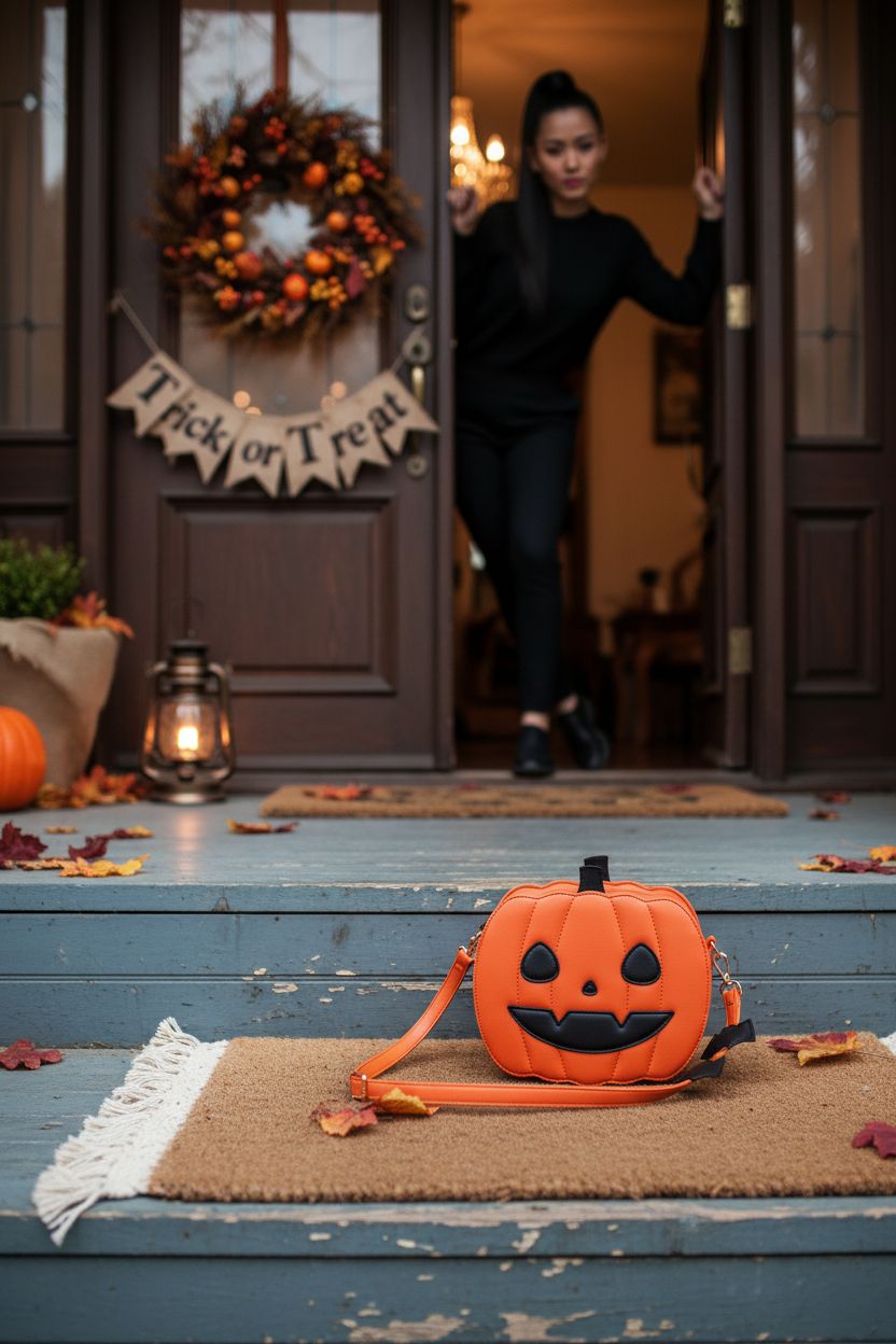 UBozeuiv Pumpkin Purse resting on a porch, surrounded by autumn decorations and a cozy Halloween vibe.
