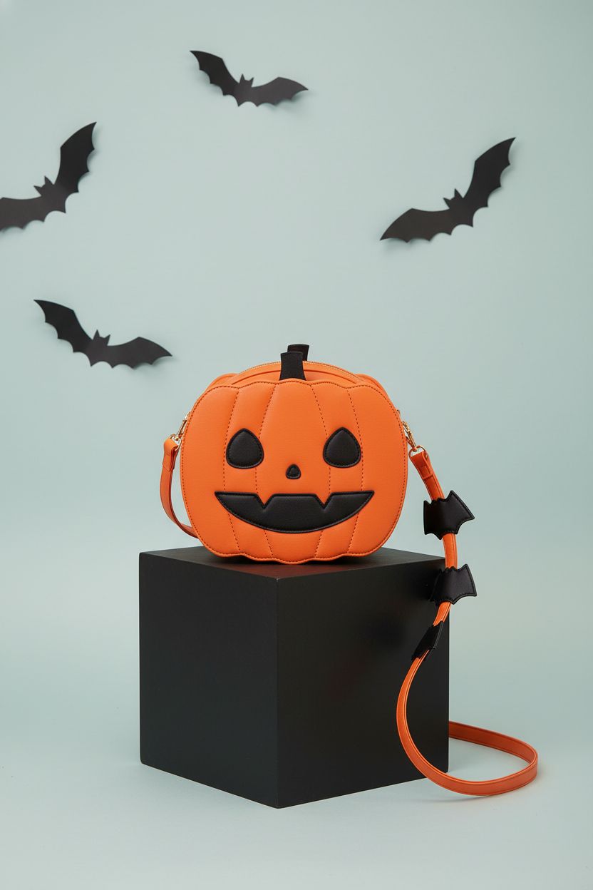 UBozeuiv Small Spooky Pumpkin Purse on a sleek pedestal, highlighting its exquisite craftsmanship and design.