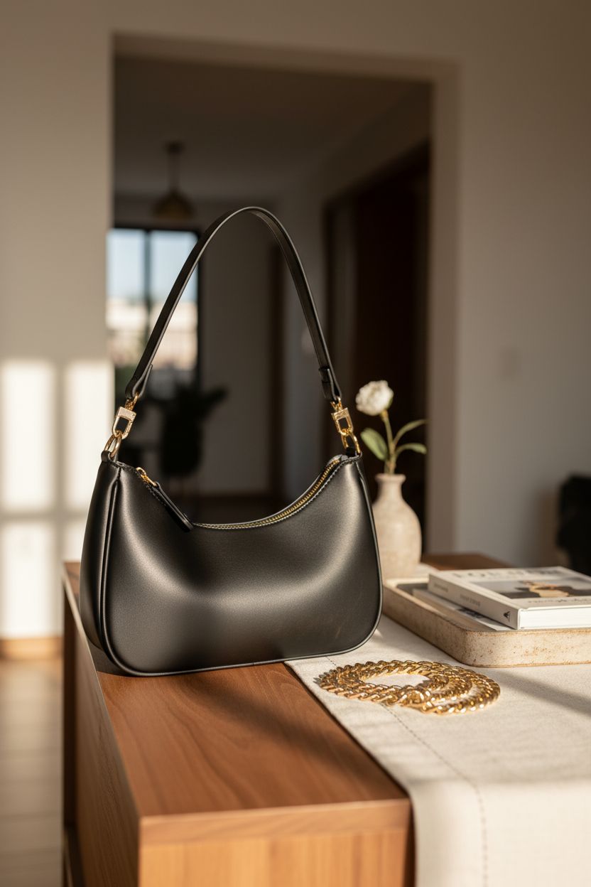 Elegant KKXIU hobo bag styled on a walnut console in a sunlit apartment entryway.