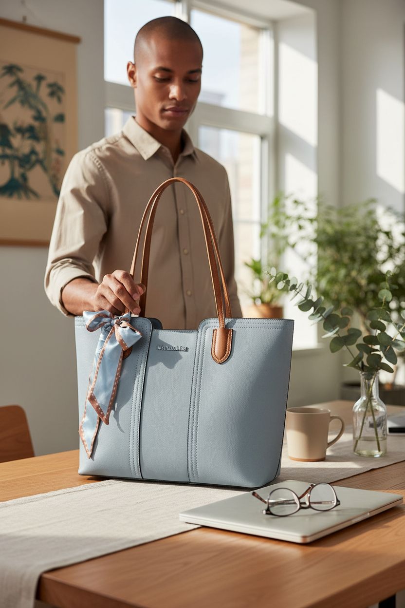 Montana West blue tote bag on a warm oak tabletop in a serene home office setting.