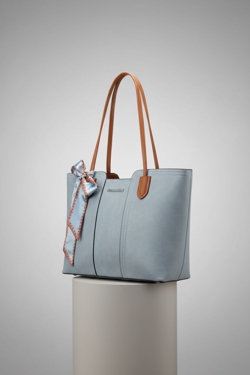 Montana West blue tote bag showcased on a pedestal, highlighting its design and materials.