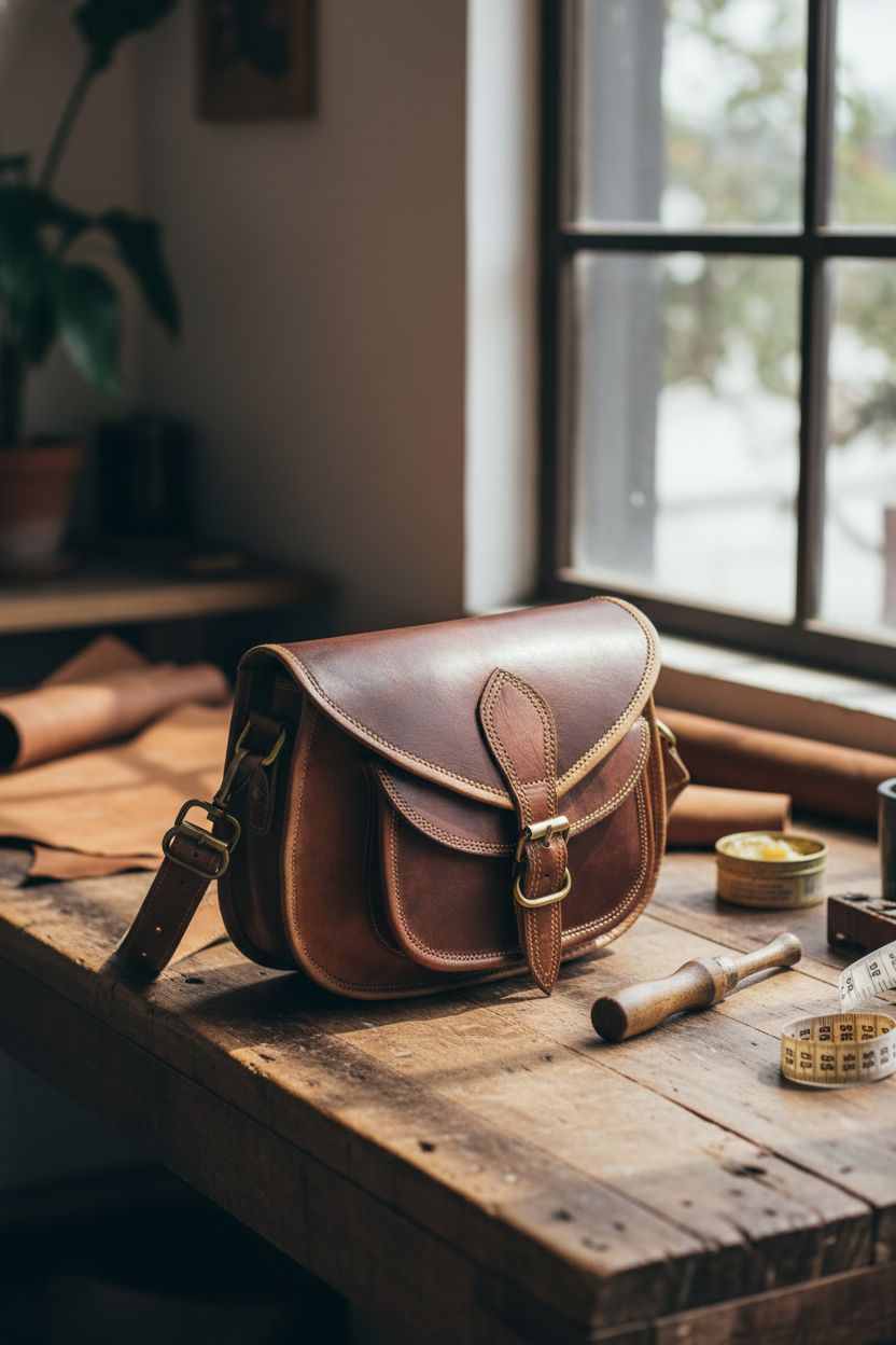 Firu-Handmade brown leather bag on a rustic workbench in a sunlit artisan workshop.