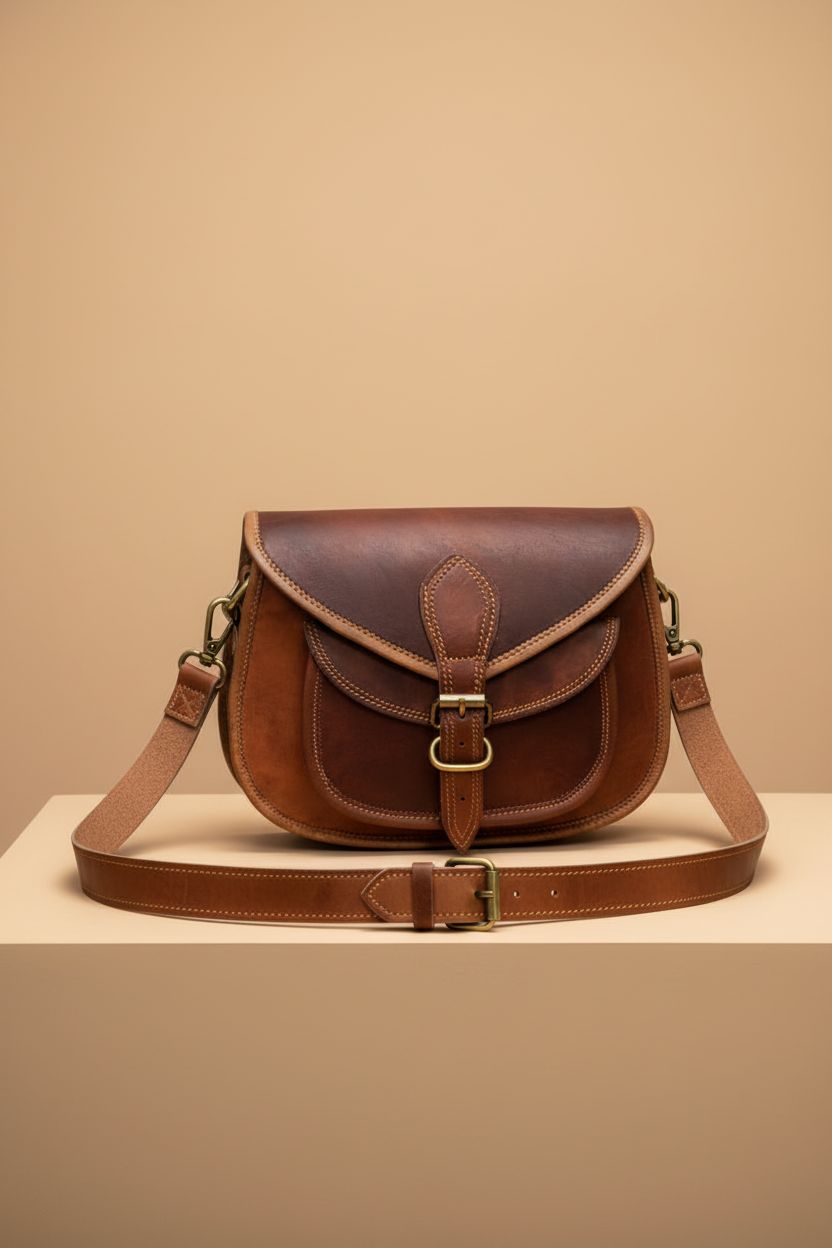 Firu-Handmade vintage leather crossbody bag showcased on a clean studio backdrop.