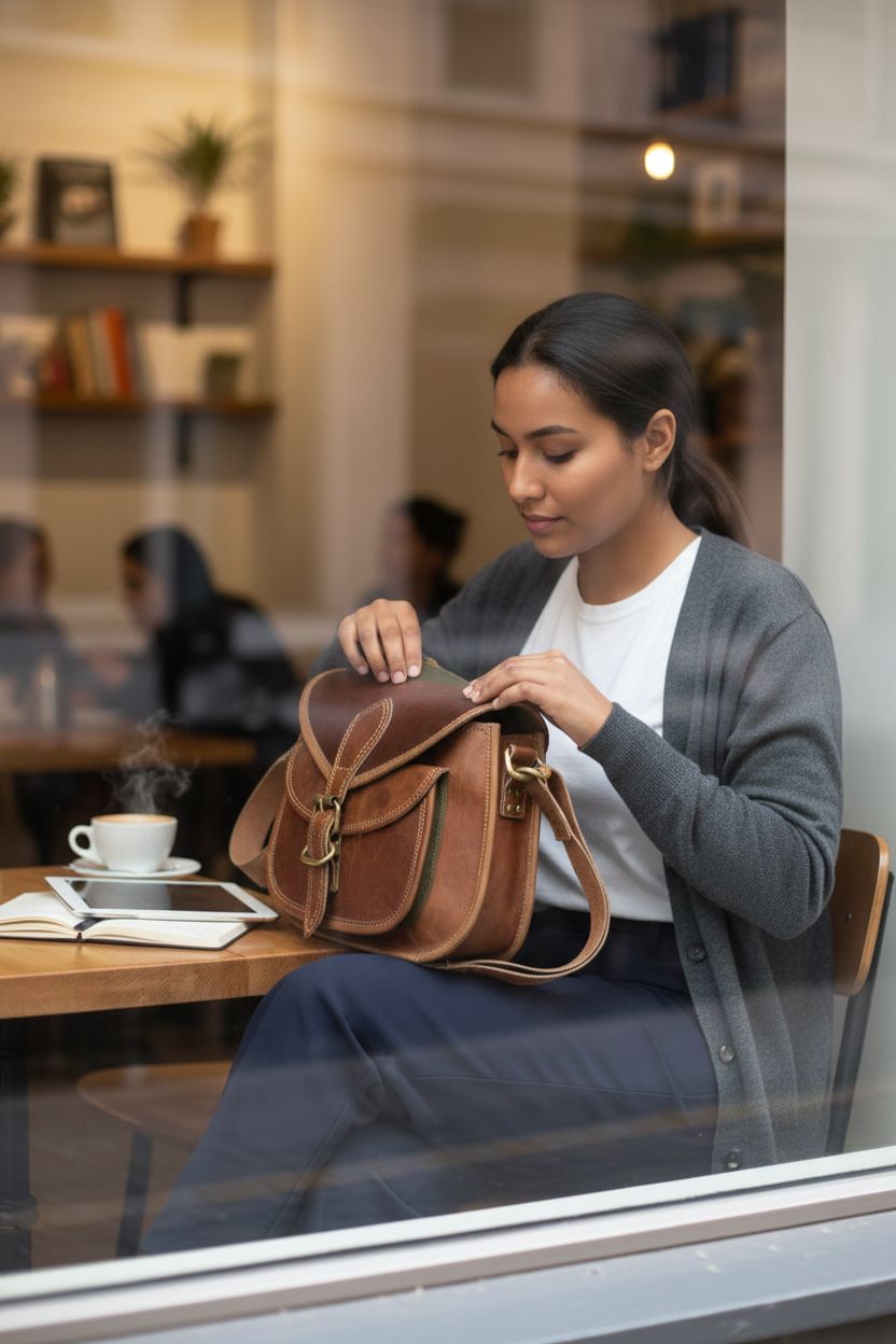 Firu-Handmade vintage brown leather crossbody satchel bag on lap in a cozy café setting.