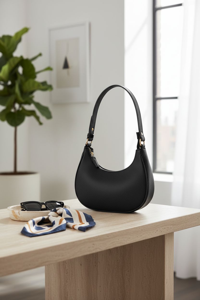 FashionPuzzle black crescent shoulder bag in bright apartment entryway
