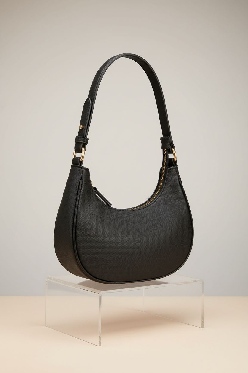 Close-up of FashionPuzzle black crescent bag highlighting texture and design