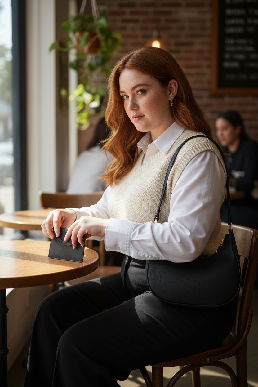 FashionPuzzle black crescent shoulder bag on table in cozy café setting