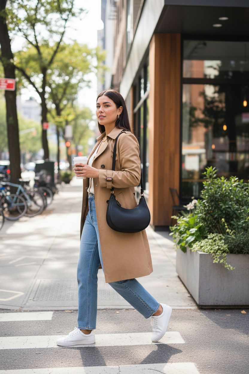 FashionPuzzle small crescent bag worn underarm while walking with coffee
