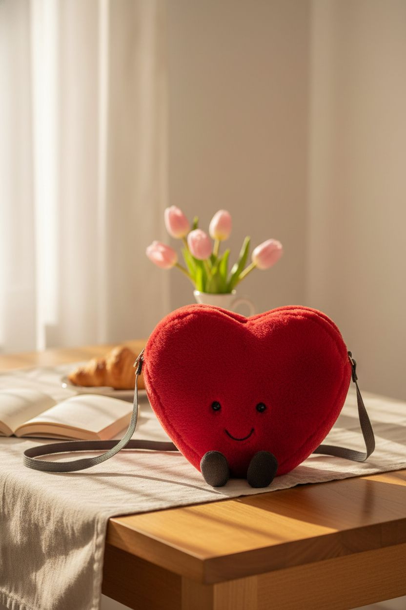 Cozy breakfast nook with Jellycat heart bag resting on a honey-toned table, inviting atmosphere.