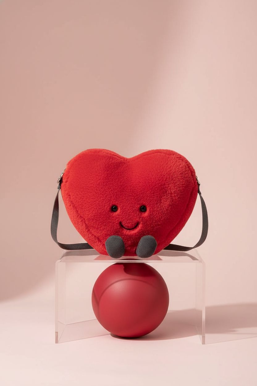 Jellycat Amuseables heart plush bag displayed on a blush background, highlighting its design.