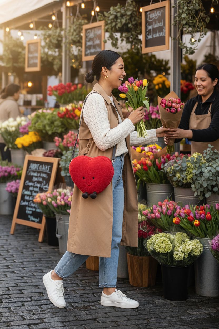 Jellycat Amuseables heart plush bag in a vibrant flower market setting, crossbody style.