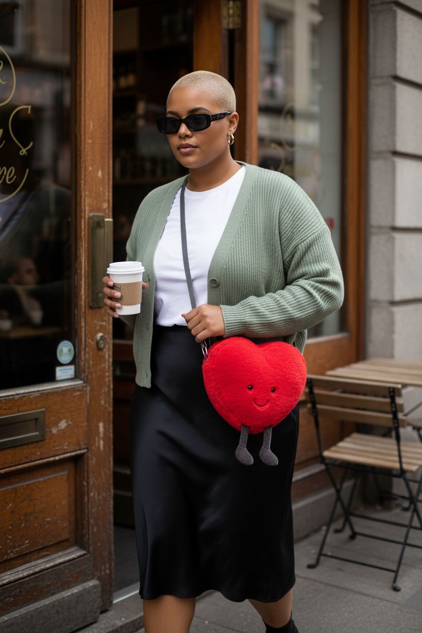 Jellycat heart plush bag showcased outside a café, styled with muted fashion elements.