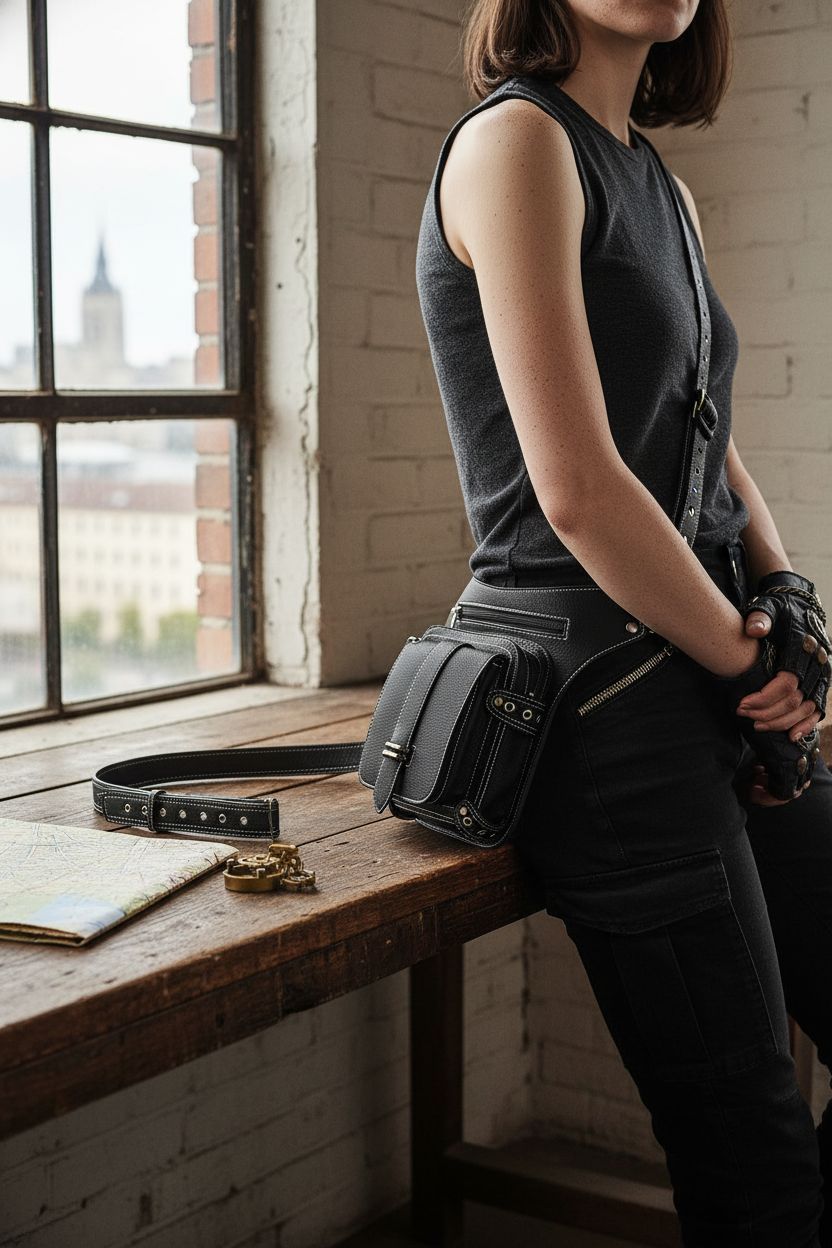 Valentoria hip purse resting on a workbench beside a map and brass cogs, showcasing leather texture
