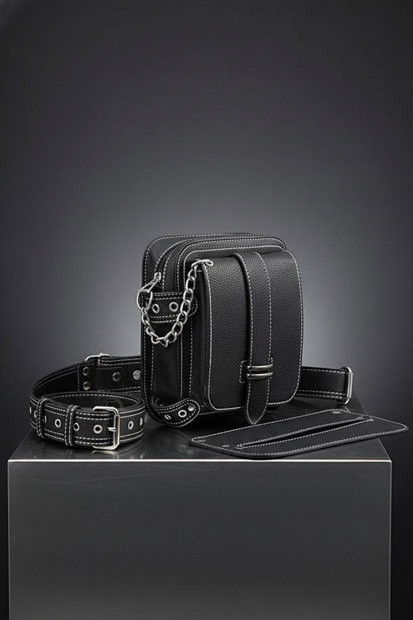 Valentoria hip purse displayed on a riser, highlighting leather grain and hardware details in studio light