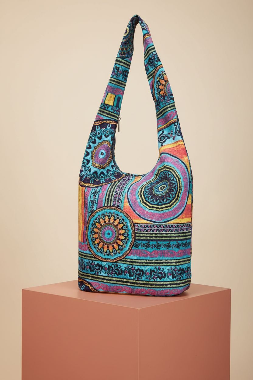 Coton Pose hippie bag showcased on a terracotta plinth, highlighting its canvas material and vibrant print.