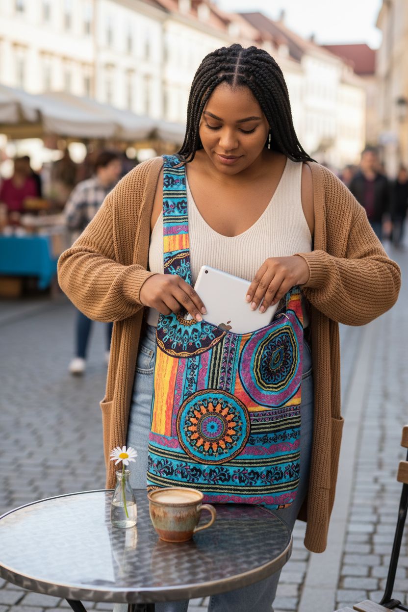 Coton Pose hippie bag in vibrant green-purple canvas at a street café, stylishly holding books.