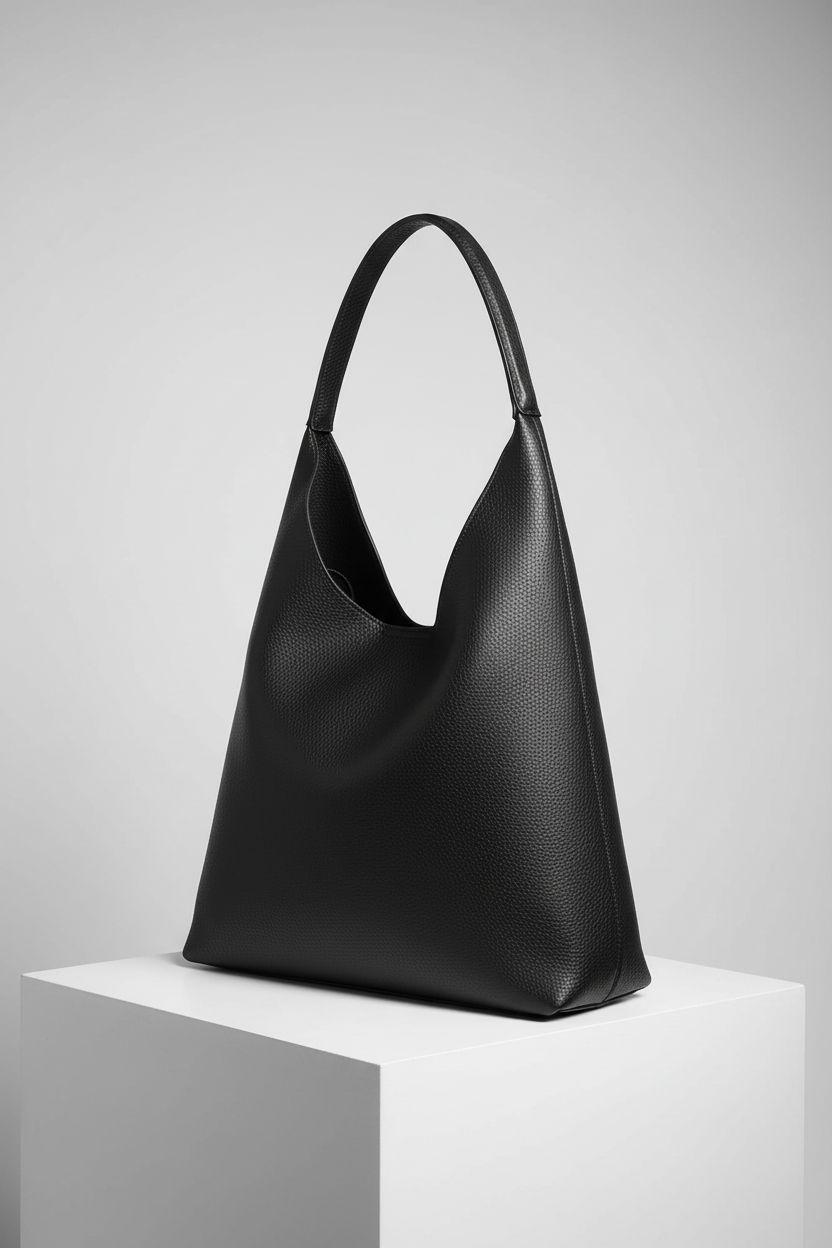 Product-focused image of HOXIS black hobo bag, showcasing its soft vegan leather and spacious design.