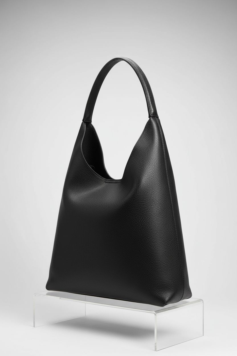 HOXIS black hobo bag on a light gray backdrop, highlighting vegan leather quality.