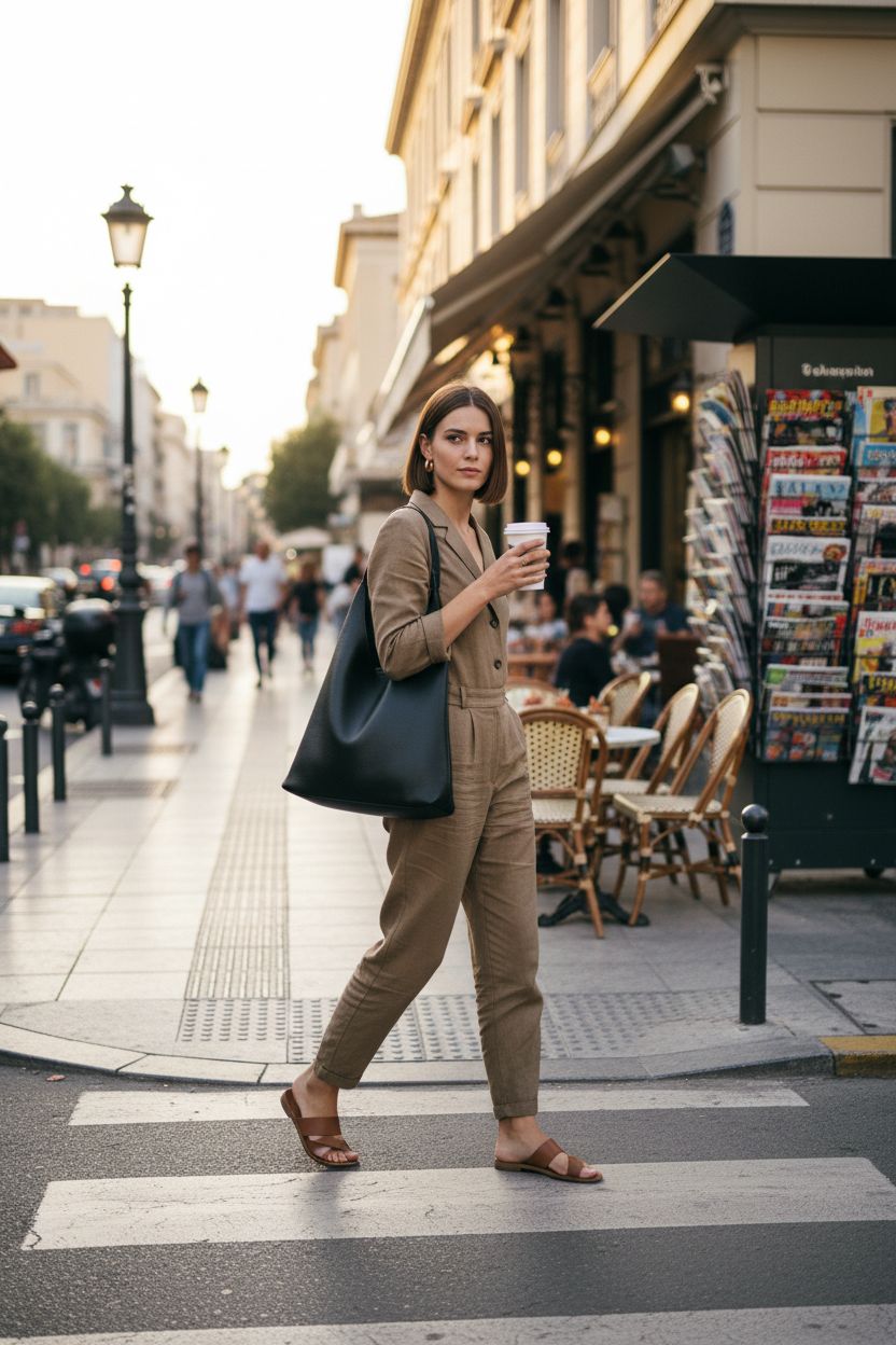 Slouchy black HOXIS hobo bag on shoulder, perfect for coffee runs and sunny days.