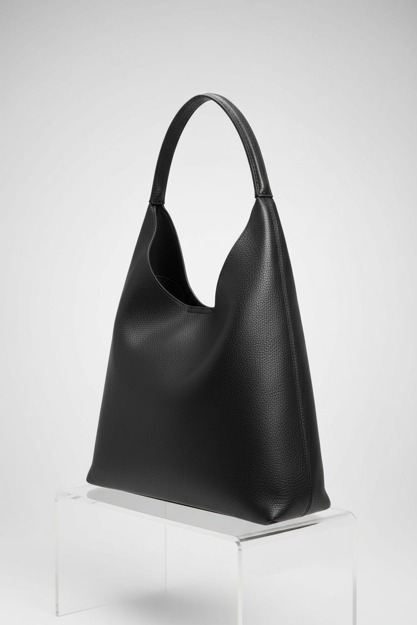 Product shot of HOXIS black hobo bag, featuring vegan leather and a stylish design.