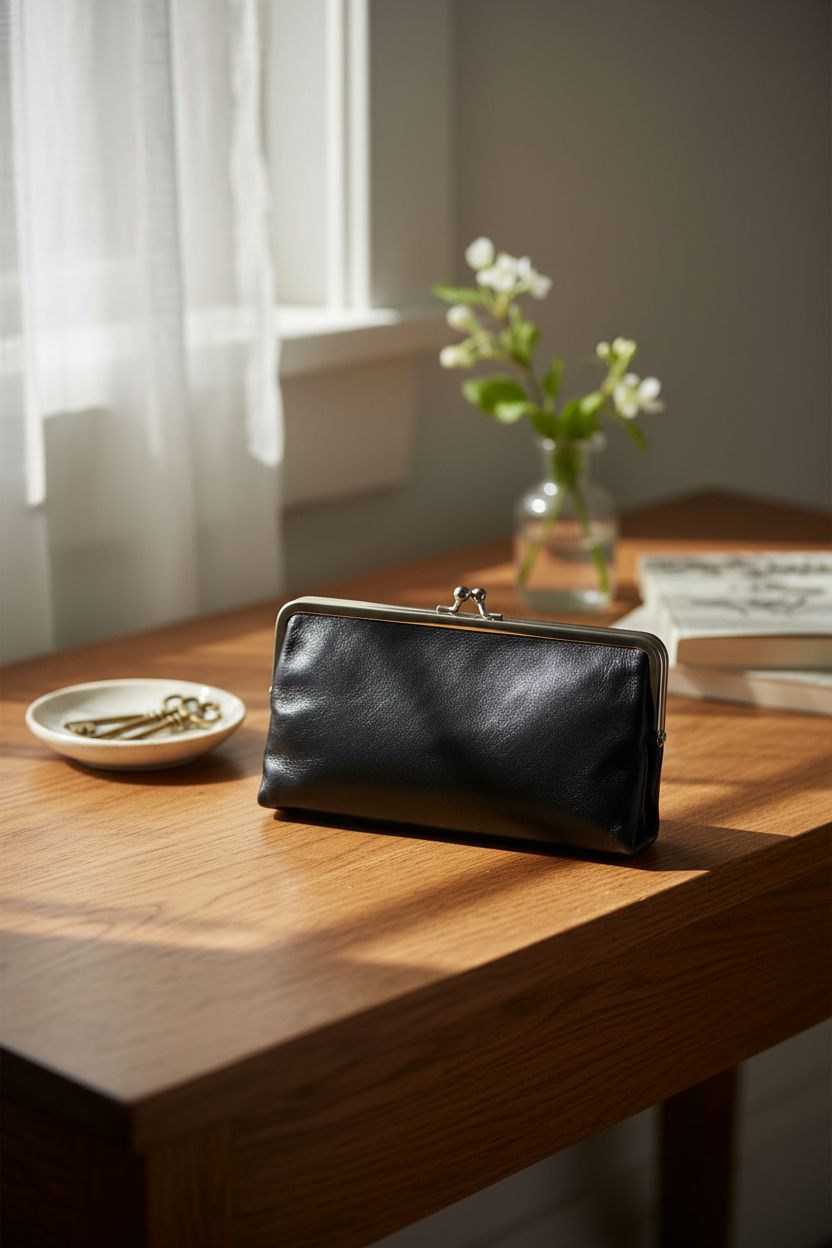 HOBO Lauren Leather Clutch resting on oak console, sunlit morning vignette, elegant vintage look