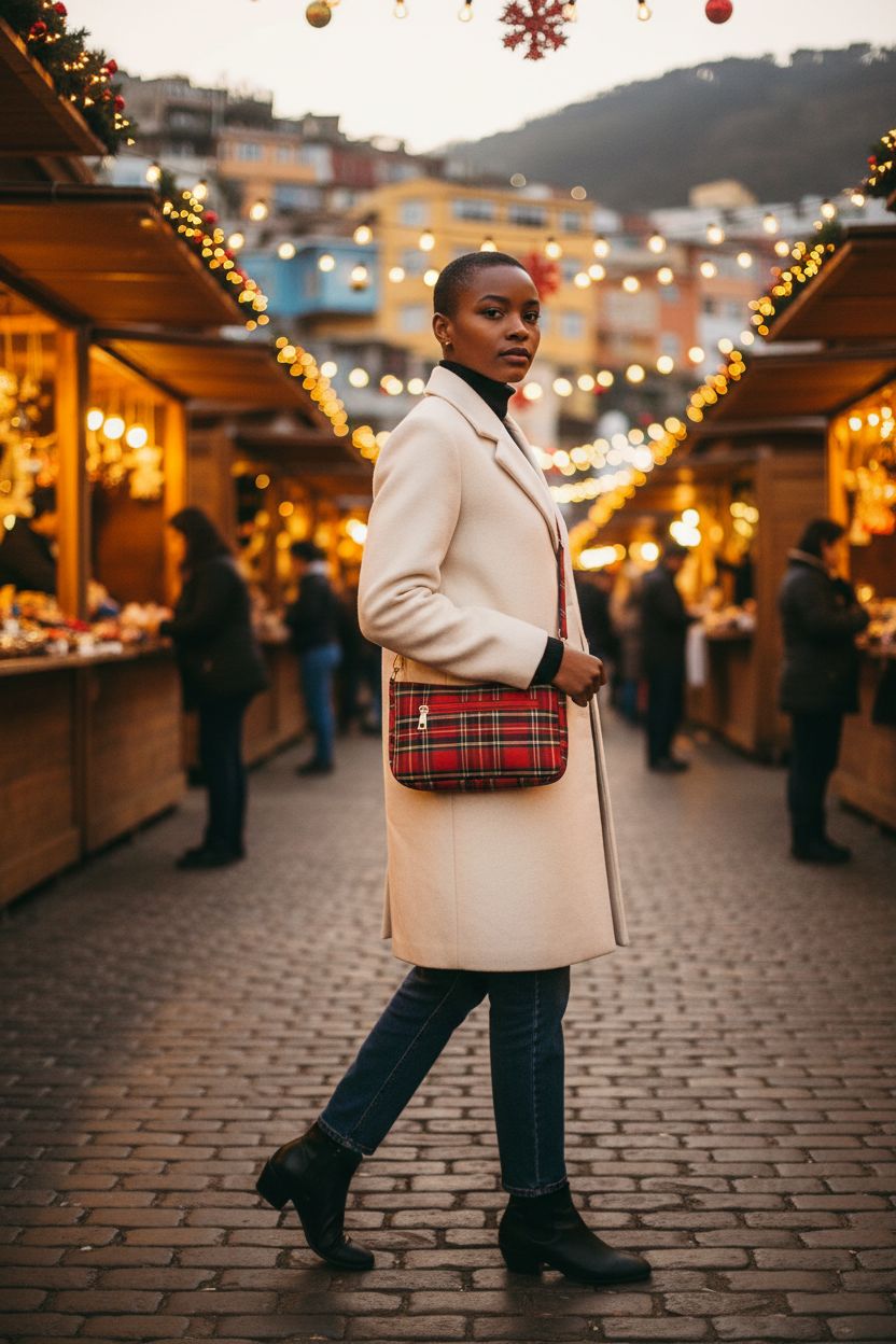 VINAIDA Women's Tartan Plaid Crossbody Handbag, red tartan design with gold hardware, festive holiday market vibe