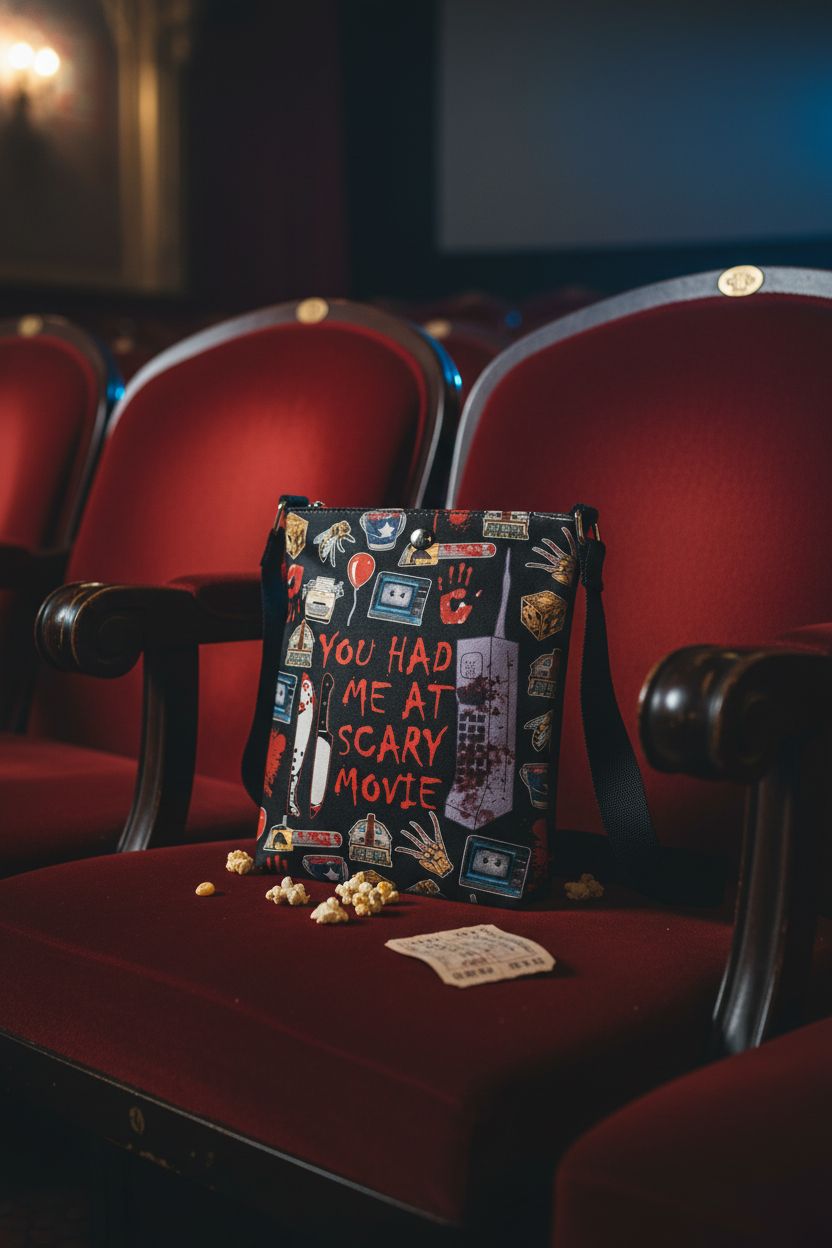 CMNIM horror crossbody bag on a red-velvet cinema seat with popcorn.
