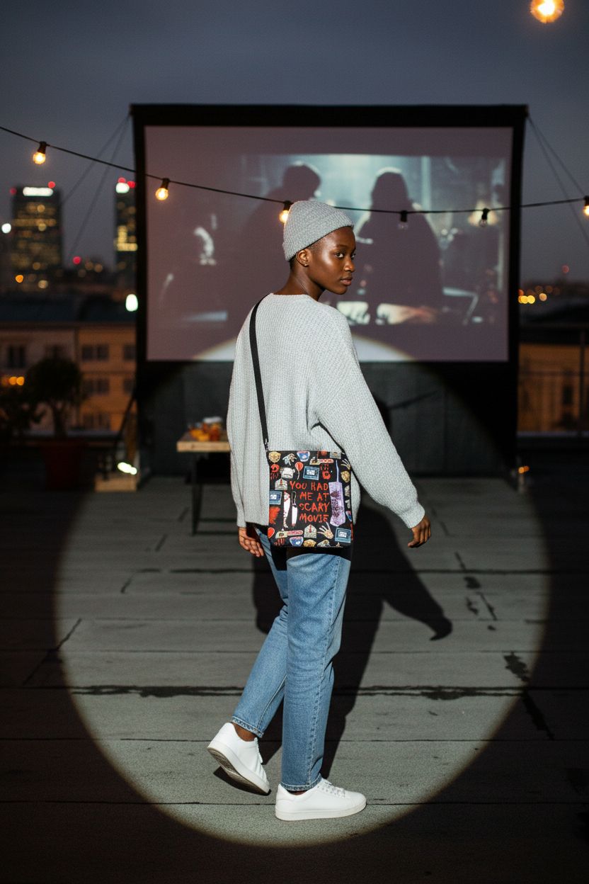 CMNIM horror crossbody bag in a stylish outdoor setting for movie night.