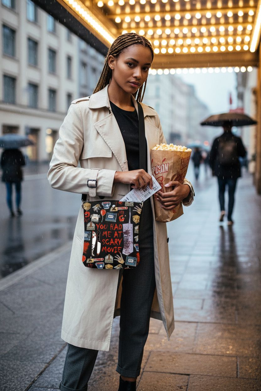 CMNIM horror purse with red graphics under vintage marquee lights.