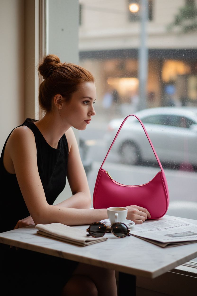 Afashor hot pink purse resting on a marble table in a cozy café setting, radiating retro charm.