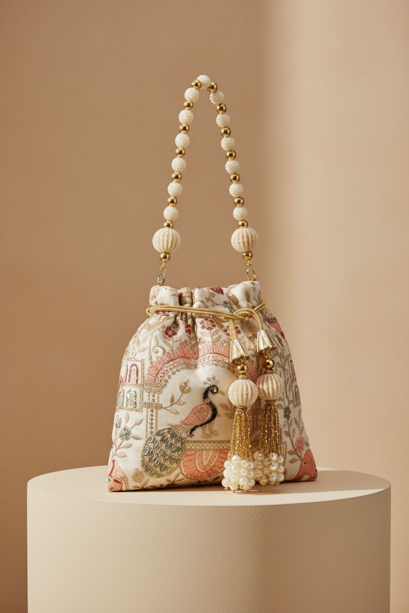 LONGING TO BUY cream silk potli bag with pearl handle and sequins, showcasing exquisite craftsmanship