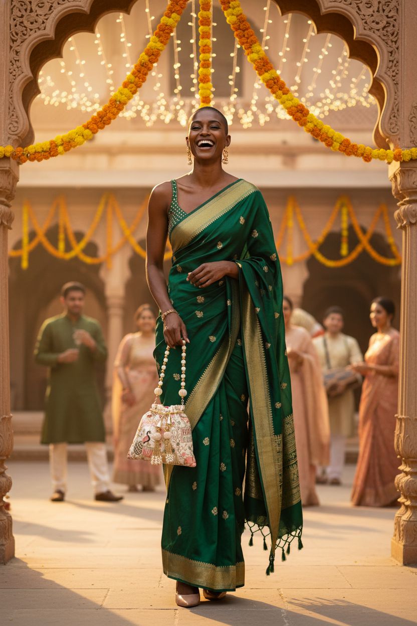 LONGING TO BUY cream silk potli bag with pearl handle and gold tassels, perfect for ethnic wear