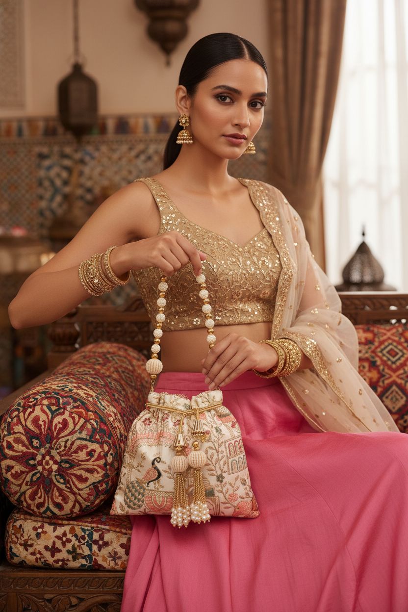 LONGING TO BUY cream potli bag with pearl handle showcased against vibrant lehenga, ideal for celebrations