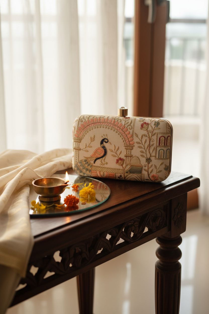 LONGING TO BUY cream clutch beautifully styled with marigold petals and diya