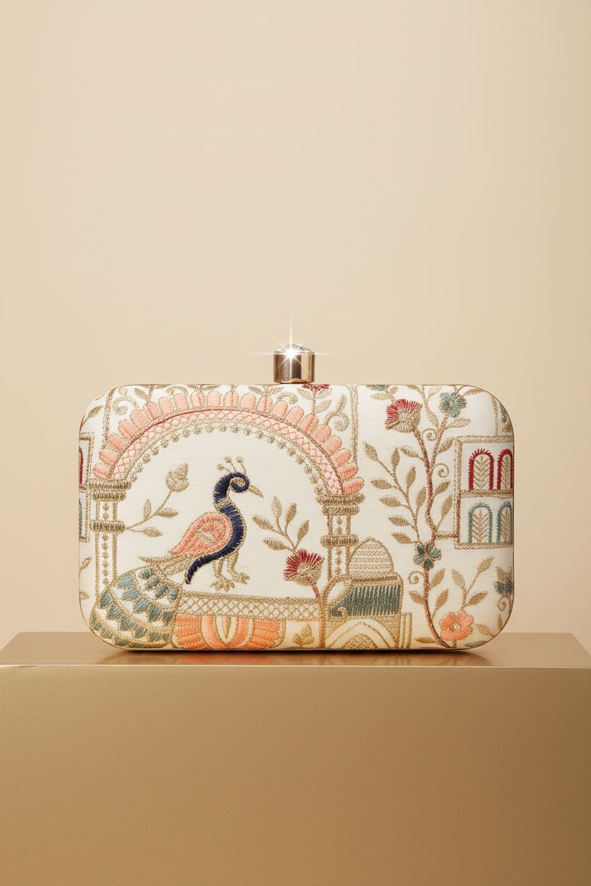 LONGING TO BUY elegant cream box clutch showcasing intricate zari embroidery