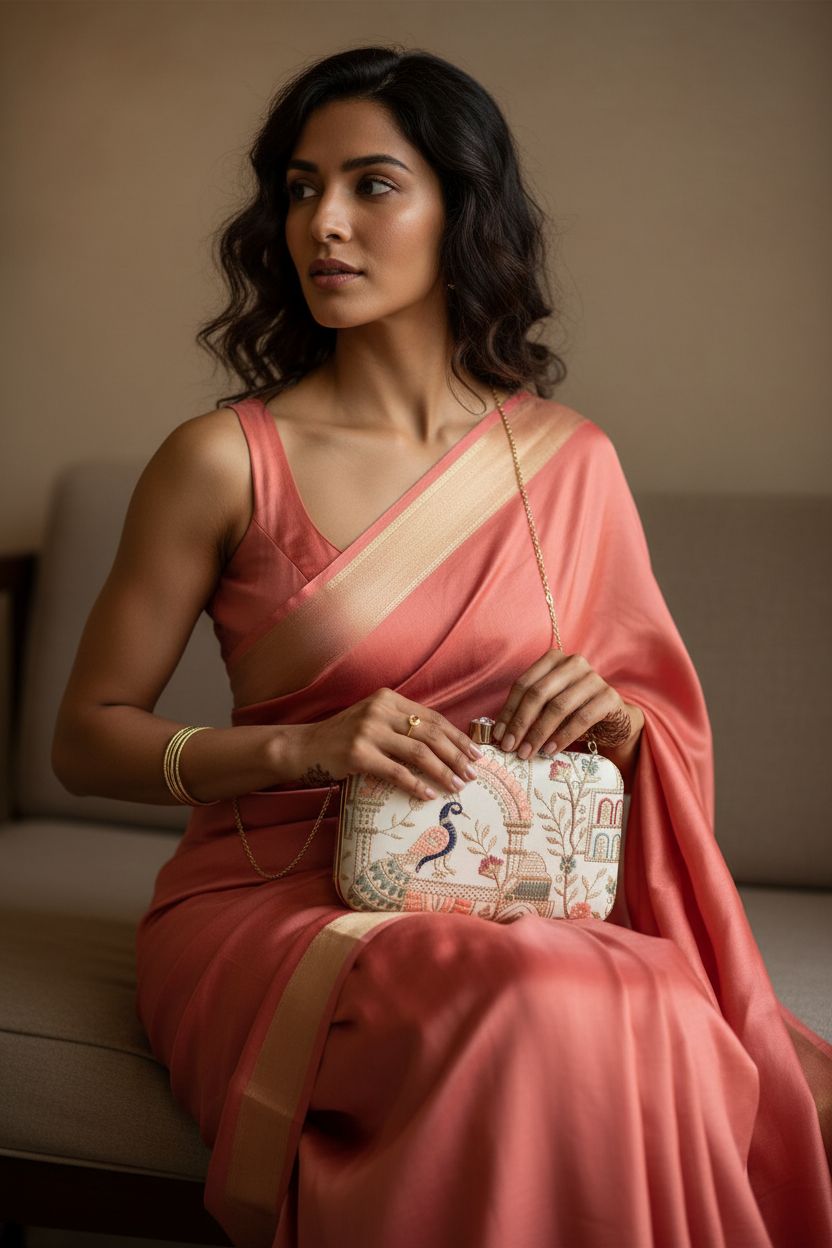 LONGING TO BUY cream clutch purse resting on lap, perfect for festive occasions