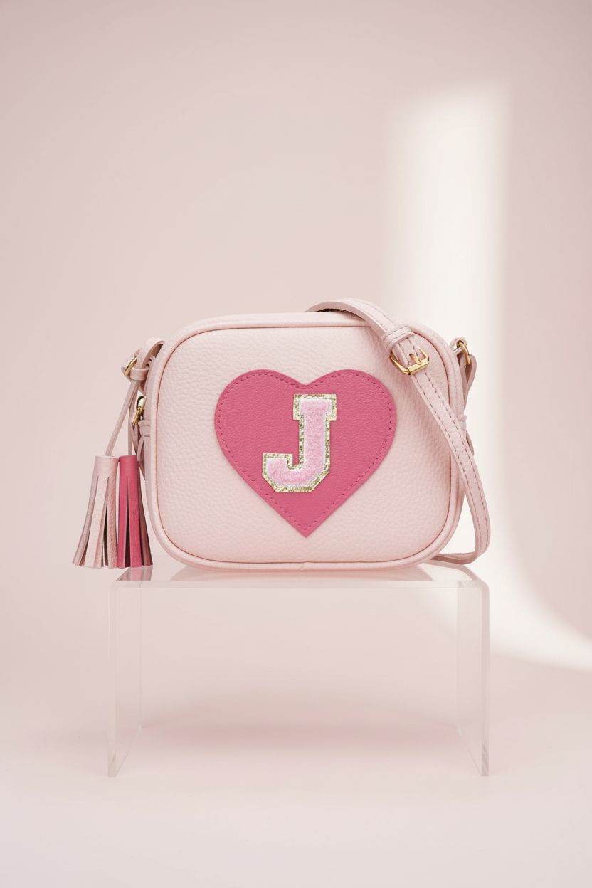 KKXIU pink initial purse showcased on clear acrylic riser with detailed view