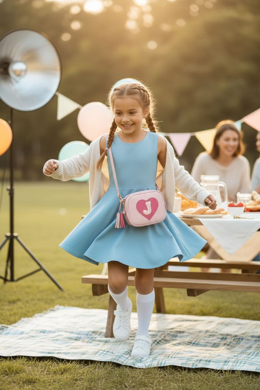 KKXIU pink crossbody bag with tassel in sunny park setting for girls aged 2-10