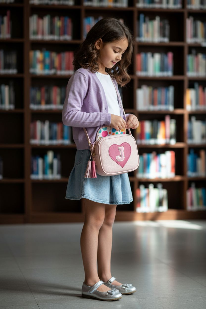 KKXIU pink heart bag being unzipped beside a bookshelf in a library foyer