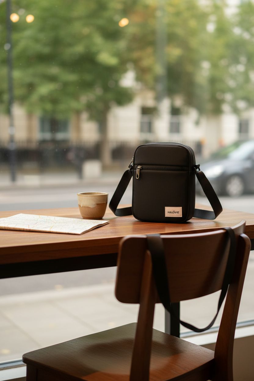 HALOVIE black crossbody bag resting on a cafe table, paired with a ceramic cup and map, emphasizing anti-theft features.