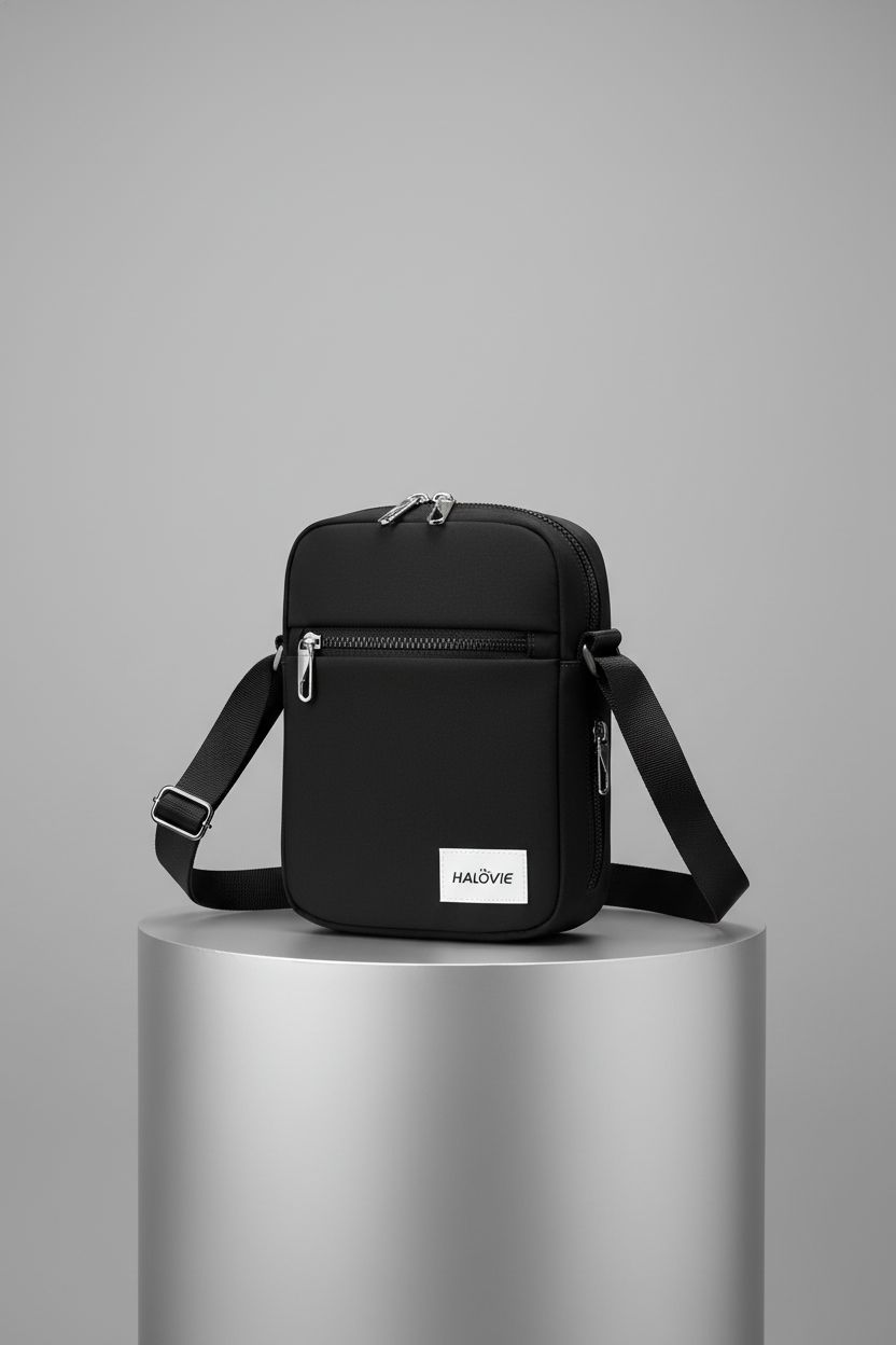 HALOVIE black crossbody bag centered on a studio backdrop, highlighting its sleek design and RFID protection.