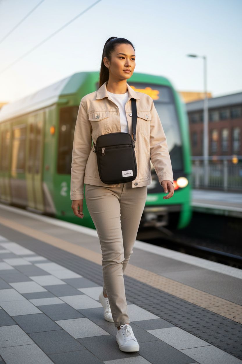 HALOVIE black crossbody bag on a light-rail platform, showcasing its lightweight and stylish design.