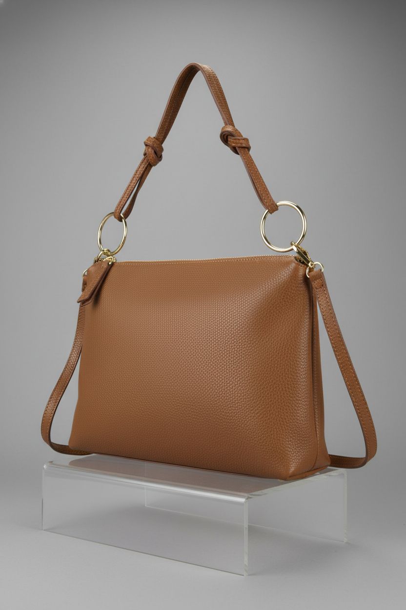 TAKEASY Italian calf leather handbag in focus, emphasizing zipper and handle details.